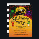 Whimsical Haunted House Skeleton Halloween Party Invitation<br><div class="desc">Customise for your event</div>