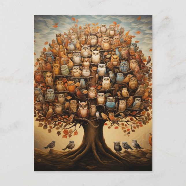 Whimsical Haven: The Owl-Adorned Arboretum Postcard (Front)