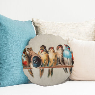 Whimsical Haven: The Vintage Bird Perch P - A Deli Round Cushion