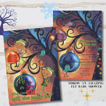 Whimsical He or She Elf & Bird Gender Invitation