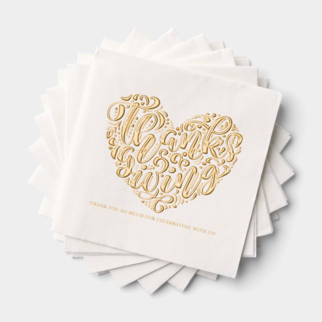 Whimsical Heart Calligraphy Happy Thanksgiving Foil Napkins (Insitu (Stacked))