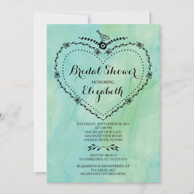 Whimsical Heart Green Watercolor Bridal Shower Invitation (Front)