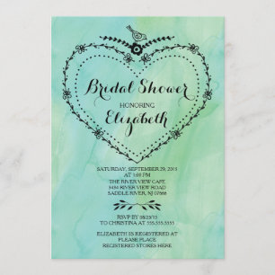 Whimsical Heart Green Watercolor Bridal Shower Invitation