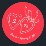 Whimsical Heart Locket Doodle Sketch Modern CUSTOM Classic Round Sticker<br><div class="desc">Use these sweet whimsical custom stickers for your wedding, engagement party, bridal shower or other event. Hand drawn by me for you. Fully editable, add your own text or CUSTOM background color. FULLY CUSTOMIZABLE: Click "personalize" to edit the text, add your own custom initials to the hearts, and then click...</div>