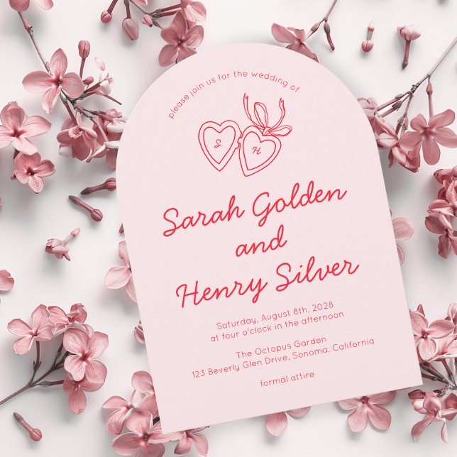 Whimsical Heart Locket Doodle Sketch Modern CUSTOM Invitation (Whimsical Heart Locket Doodle Sketch Modern CUSTOM Pink red Invitation
)