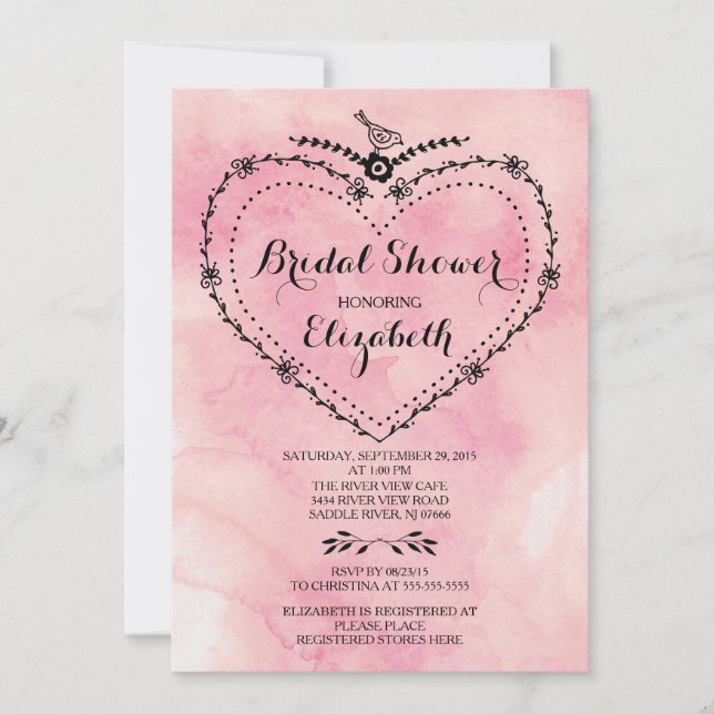 Whimsical Heart Pink Watercolor Bridal Shower Invitation (Front)