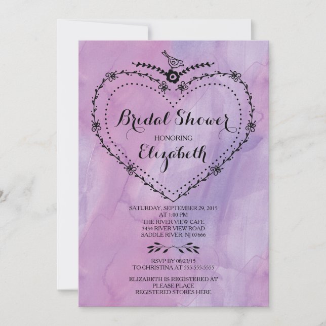 Whimsical Heart Purple Watercolor Bridal Shower Invitation (Front)