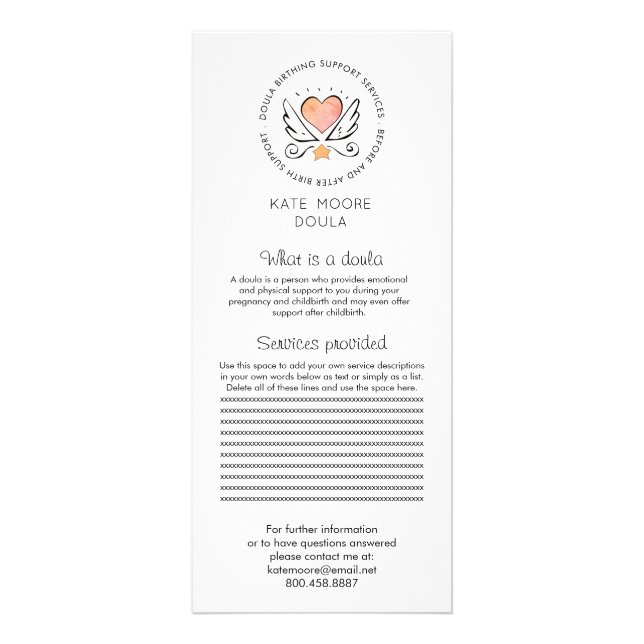 Whimsical Heart & Wings Doula Or Midwife On White Rack Card (Front)