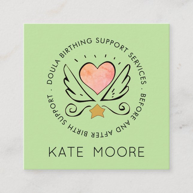 Whimsical Heart Wings Midwife Or Doula Birth Coach Square Business Card (Front)