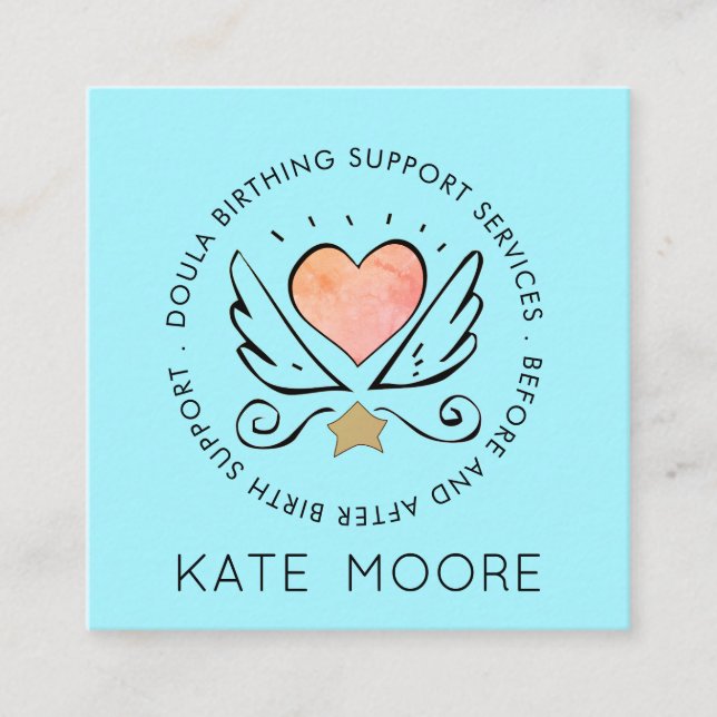 Whimsical Heart Wings Midwife Or Doula Birth Coach Square Business Card (Front)