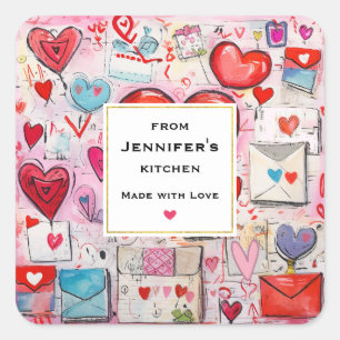 Whimsical Hearts and Love Letters Kitchen Square Sticker