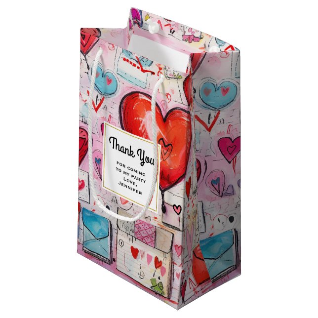 Whimsical Hearts and Love Letters Party Thank You Small Gift Bag (Front Angled)