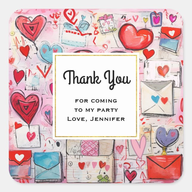 Whimsical Hearts and Love Letters Party Thank You Square Sticker (Front)