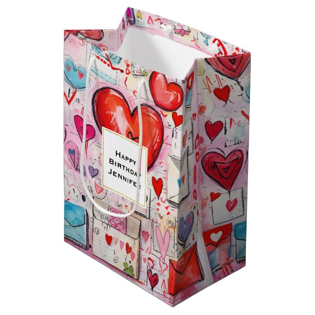 Whimsical Hearts and Love Letters Pattern Birthday Medium Gift Bag (Front Angled)
