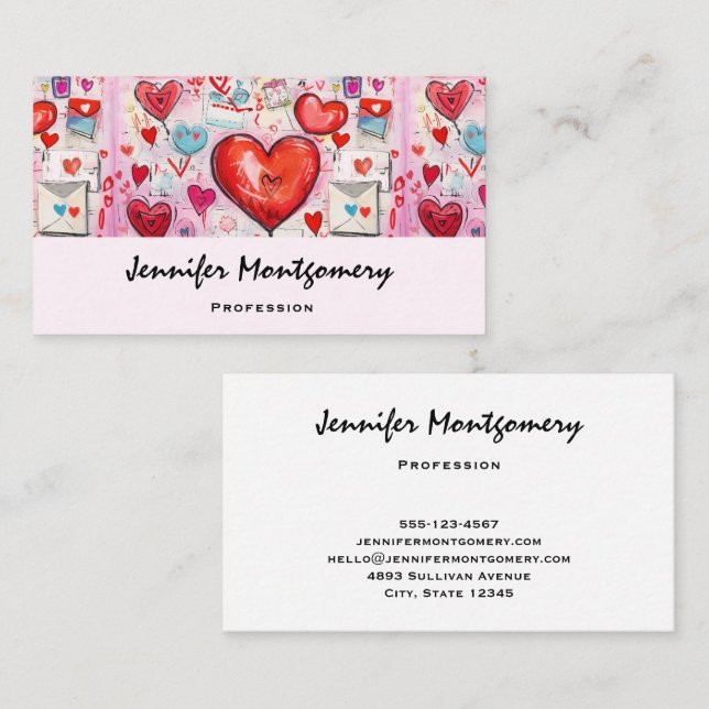 Whimsical Hearts and Love Letters Pattern Business Card (Front/Back)