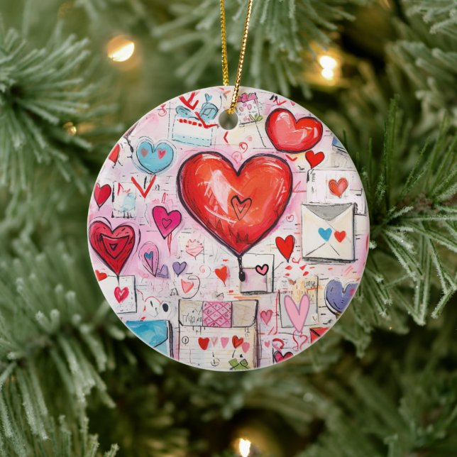 Whimsical Hearts and Love Letters Pattern Ceramic Tree Decoration (Tree)