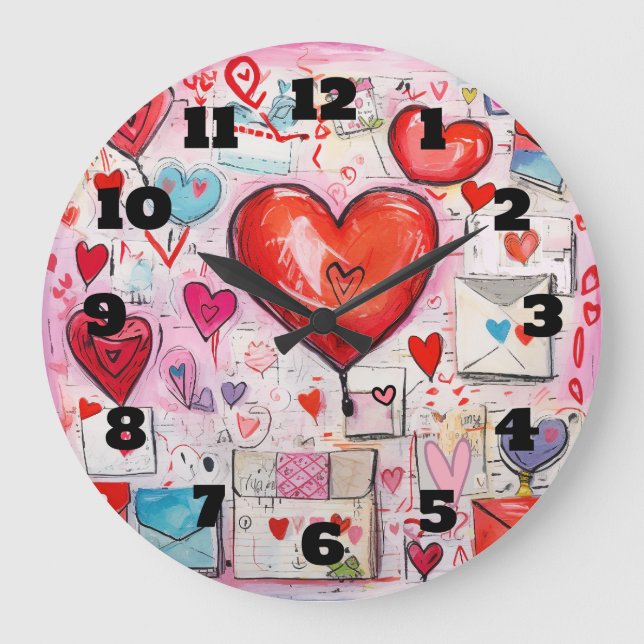 Whimsical Hearts and Love Letters Pattern Large Clock (Front)