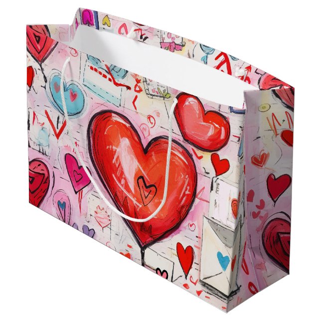 Whimsical Hearts and Love Letters Pattern Large Gift Bag (Back Angled)
