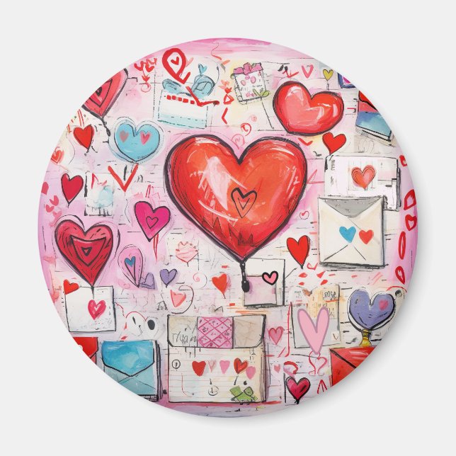 Whimsical Hearts and Love Letters Pattern Magnet (Front)