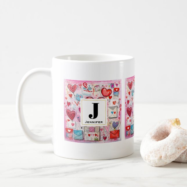 Whimsical Hearts and Love Letters Pattern Monogram Coffee Mug (With Donut)