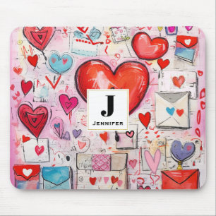 Whimsical Hearts and Love Letters Pattern Monogram Mouse Mat