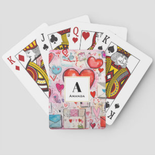 Whimsical Hearts and Love Letters Pattern Monogram Playing Cards
