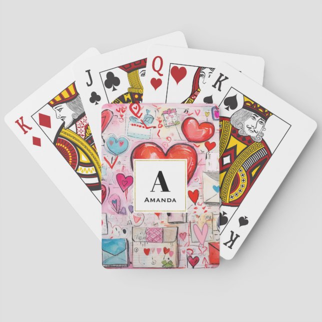 Whimsical Hearts and Love Letters Pattern Monogram Playing Cards (Back)
