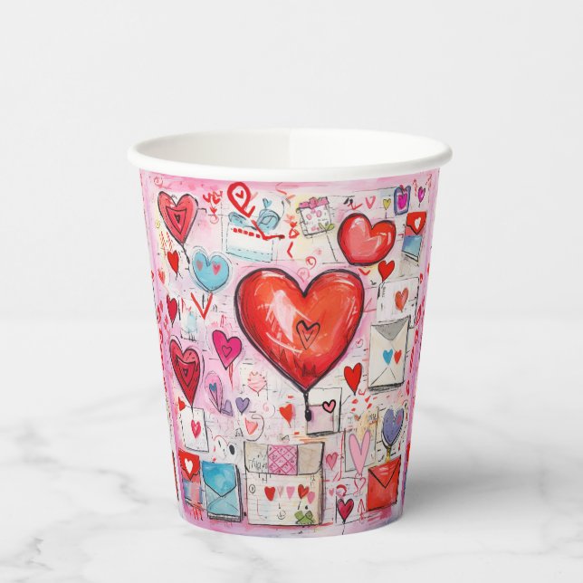 Whimsical Hearts and Love Letters Pattern Paper Cups (Left)