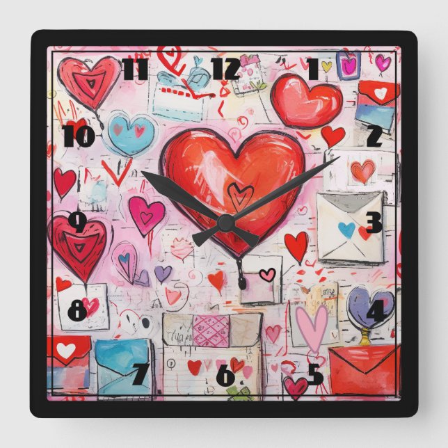 Whimsical Hearts and Love Letters Pattern Square Wall Clock (Front)