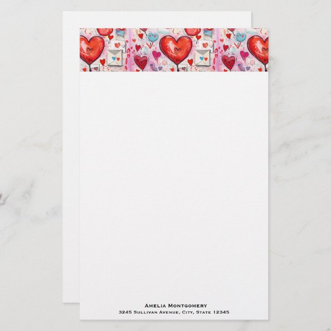 Whimsical Hearts and Love Letters Pattern Stationery (Front/Back)