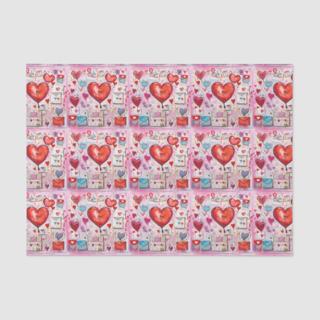 Whimsical Hearts and Love Letters Pattern Tissue Paper (Front)