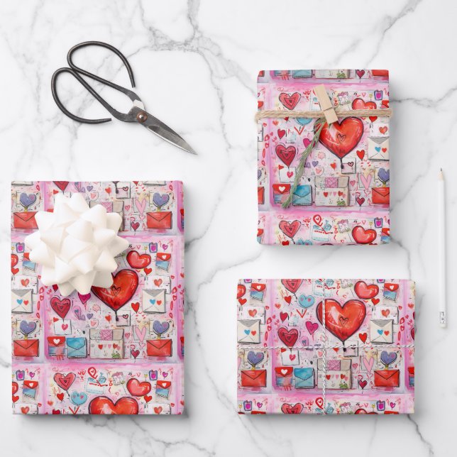 Whimsical Hearts and Love Letters Pattern Wrapping Paper Sheet (Front)