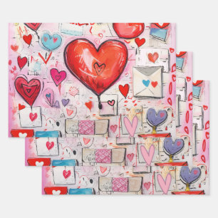 Whimsical Hearts and Love Letters Pattern Wrapping Paper Sheet