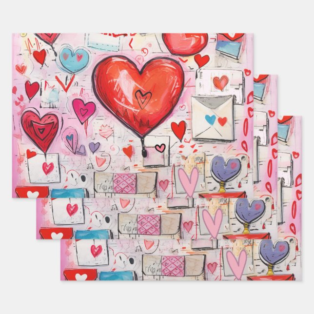 Whimsical Hearts and Love Letters Pattern Wrapping Paper Sheet (Set)