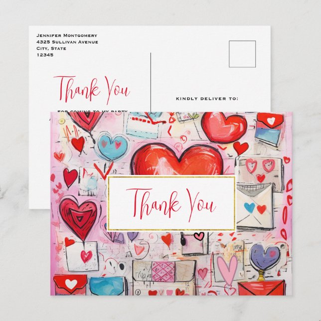 Whimsical Hearts and Love Letters Thank You Postcard (Front/Back)
