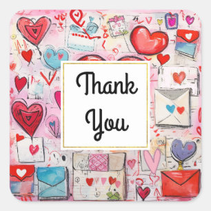 Whimsical Hearts and Love Letters Thank You Square Sticker