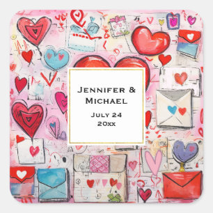 Whimsical Hearts and Love Letters Wedding Date Square Sticker