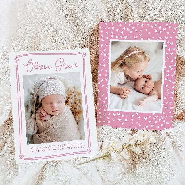 Whimsical Hearts Pink Photo Birth Announcement (Creator Uploaded)