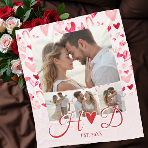 Whimsical Hearts Valentine Monogram Photo Collage  Fleece Blanket