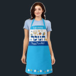 Whimsical Hebrew Hanukkah Menorah Dreidel Doughnut Apron<br><div class="desc">Whimsical colourful Chanukah elements — Jelly Doughnuts, Dreidels, Wrapped Gifts, Gold Coins and Stars of David— surround the word CHANUKAH in Hebrew. Set a Happy Hanukkah tone with this Bold & Bright Hanukkah Apron. Sure to make someone smile . It is the perfect way wish friends and family a Happy...</div>