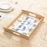 Whimsical Hebrew Hanukkah Tray Menorah & Doughnuts<br><div class="desc">Brighten up someone's Holiday. with this bold design. This Hanukkah tray will deLIGHT the recipient. It is the perfect way to set a festive Hanukkah/Chanukah Party table. A great place for those doughnuts! Whimsical colourful Chanukah elements — including Jelly Doughnuts, Dreidels, Wrapped Gifts, Gold Coins and Stars of David— surround...</div>