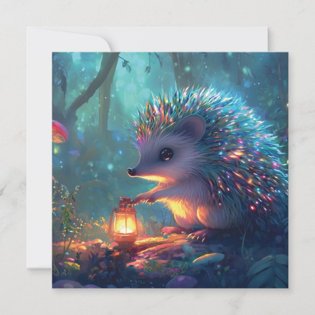 Whimsical Hedgehog and Lantern in Enchanted Forest (Front)