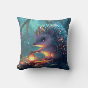 Whimsical Hedgehog and Lantern in Enchanted Forest Cushion
