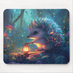 Whimsical Hedgehog and Lantern in Enchanted Forest Mouse Mat