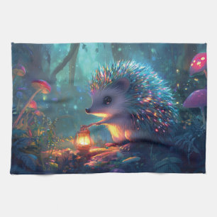 Whimsical Hedgehog and Lantern in Enchanted Forest Tea Towel