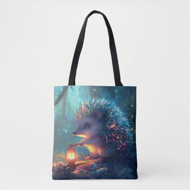 Whimsical Hedgehog and Lantern in Enchanted Forest Tote Bag (Front)