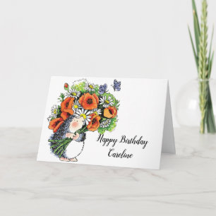 Whimsical Hedgehog and Poppies Birthday Card