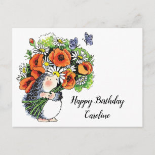 Whimsical Hedgehog and Poppies Birthday Postcard