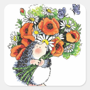 Whimsical Hedgehog and Poppies Square Sticker