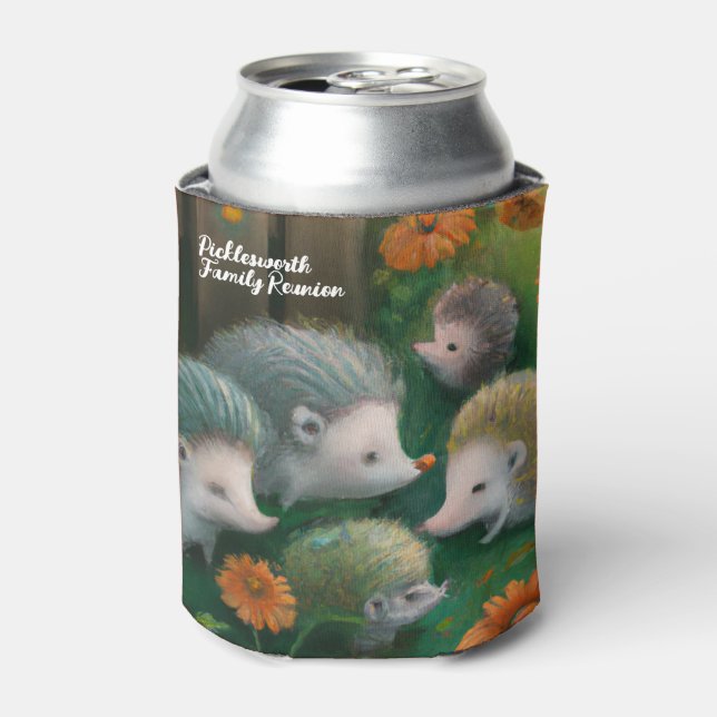 Whimsical Hedgehog Family Picnicking in the Garden Can Cooler (Can Front)